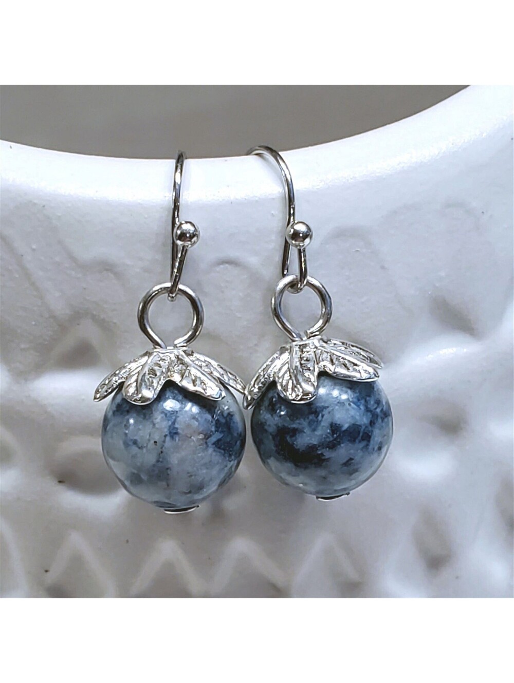 Artsy Leaf Capped Sodalite Blue Gemstone Dangle Silver Platinum Plated Earrings